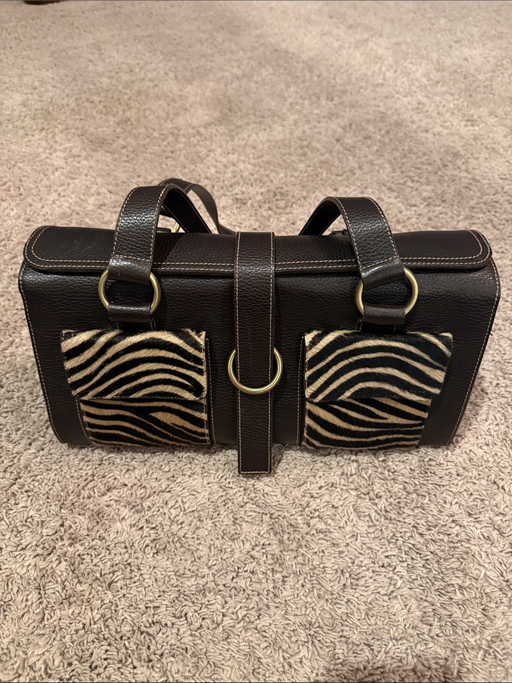 Furla Dark Brown Leather Shoulder Bag with Zebra Print Accents